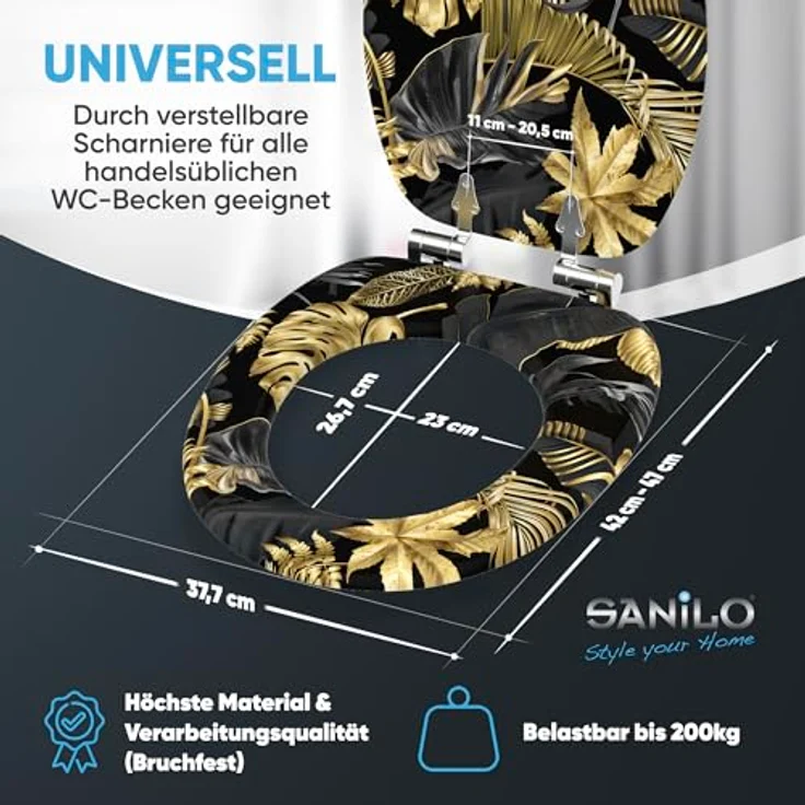 Sanilo WC Sitz Golden Leaves, Hochwertiger Holz-Toilettendeckel mit Absenkautomatik und antibakterieller Oberfläche – Bild 5