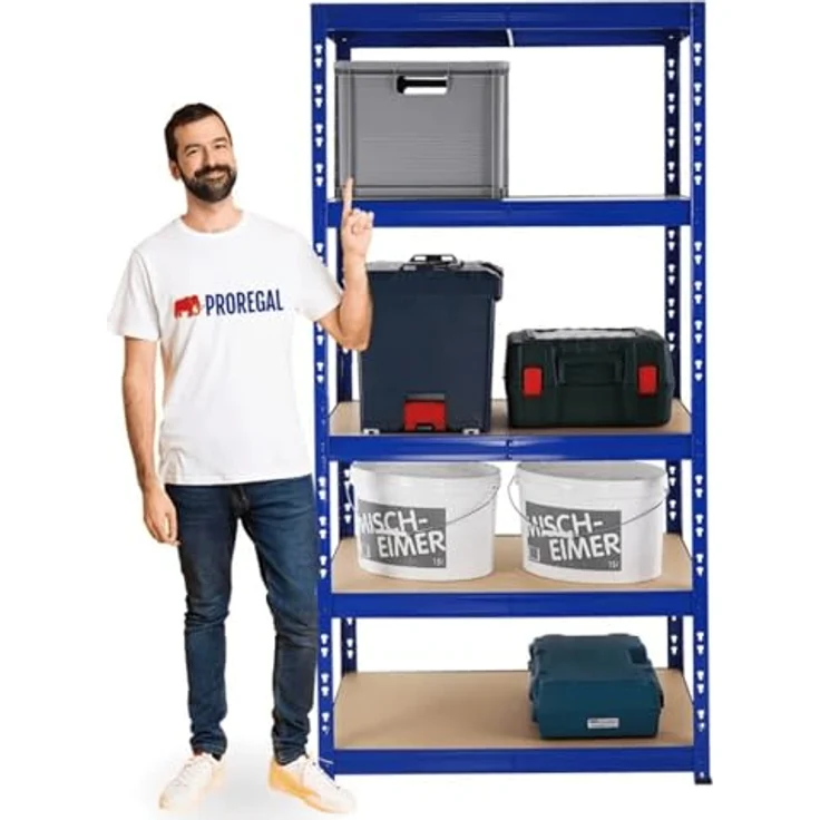 Proregal Schwerlastregal Tiger, H 180 cm x B 90 cm x T 60 cm, 5 Böden, Traglast 265 kg pro Boden, Steckmontage, Blau – Bild 6