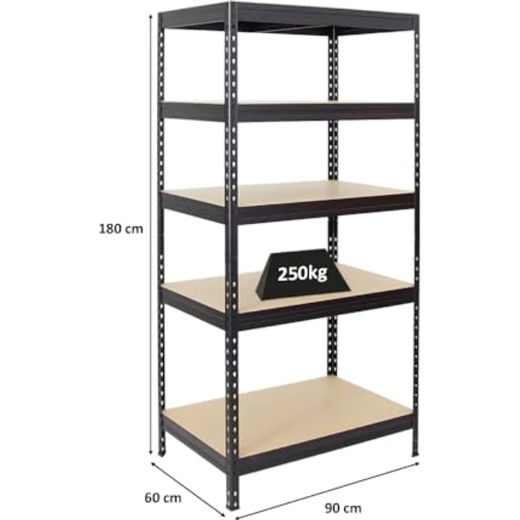 Proregal Schwerlastregal Rivet, 180 x 90 x 60 cm, 5 Böden, Traglast 250 kg pro Boden, Schwarz – Bild 2