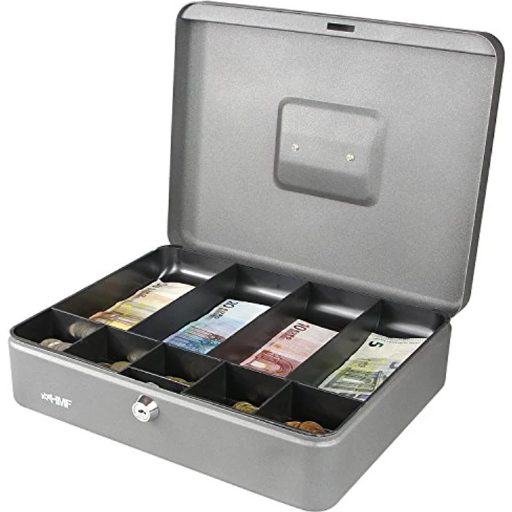 HMF 10019-09 Geldkassette Scheinfächer Münzfächer | Abschließbare Geldkasse mit Zylinderschloss | Hochwertige Oberfläche in Silber – Bild 2
