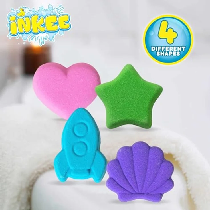 INKEE Bath Fizzer Mix, 4er Pack Kinder Badebomben mit Mandelöl, 4x 20g in Pinkem Herz, Lila Muschel, Grünem Stern und Blauer Rakete mit verschiedenen Aromen – Bild 4