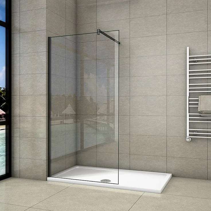 Aica Sanitär Walk in Duschkabine, B.40xH.200cm, Duschwand mit 140cm Stabilisator, 10mm NANO ESG-Glas, schwarz