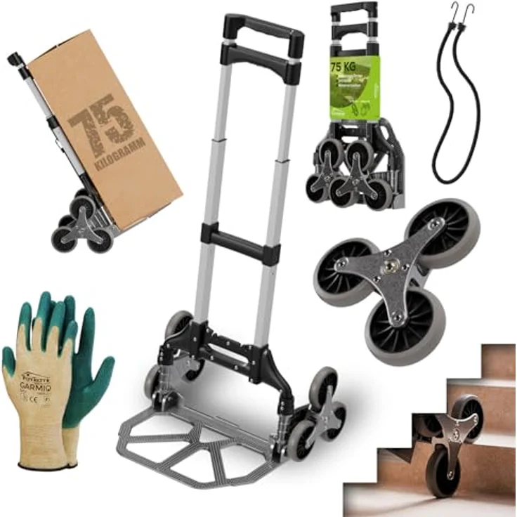 TroniTechnik Sackkarre Transportkarre klappbar, Tragfähigkeit bis 75kg, Treppensackkarre mit rutschfester Fläche, verstellbarem Griff und Spanngummiseil, 45x45x100cm – Bild 1