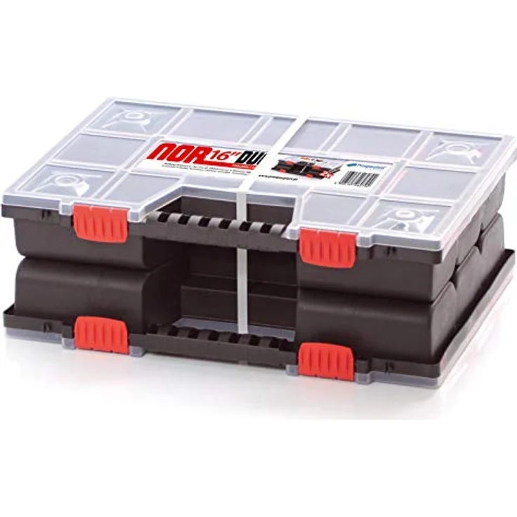 Prosperplast Doppelseitiger Organizer-Koffer NOR16DUO, Schwarz/Rot, 28 Fächer, variabel bestückbar, Sicherheitsverschluss, tragbar