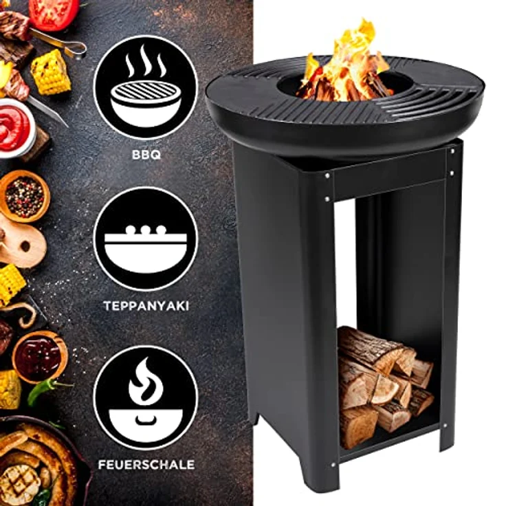 BBQ Collection 3-in-1 Feuerschale mit Grillrost - Feuerkorb 61 x 90 cm Metall - Outdoor Küche mit Teppanyaki und BBQ Grillplatte - Plancha BBQ mit Holzlagerplatz - Gartenkamin für Außen – Bild 3