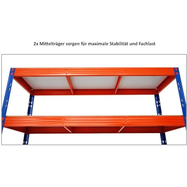 Proregal Schwerlastregal Mega Deal Profi RHINO, H 180 x B 160 x T 60 cm, Traglast 500 kg pro Boden, 4 verstellbare Böden, Steckmontage, Blau-Orange – Bild 4