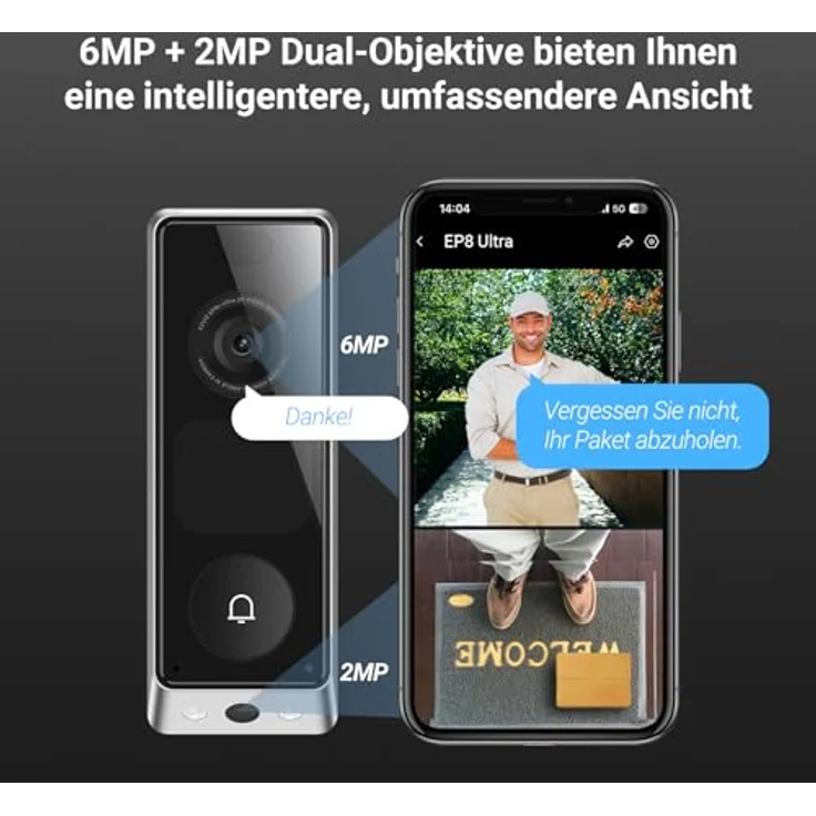 EZVIZ EP8 Ultra WLAN Video Türklingel, kabellos mit Dual-Kamera 6MP+2MP, KI-Personenerkennung, 32GB eMMC-Speicher, zwei Wechselakkus – Bild 2