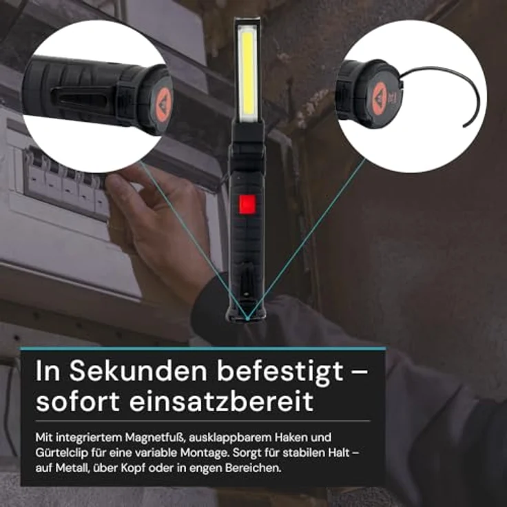 LUXULA LED-Arbeitsleuchte, 11 cm, Akku mit 5 Lichtmodi, USB-Aufladbar, 360° drehbar, mit Magnet und Haken, Inspektionslampe für Werkstatt und Camping – Bild 5