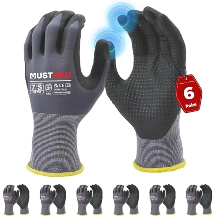 Mustbau Arbeitshandschuhe Schwarz, Nitril beschichtet für Montagearbeit, Mechaniker und Gartenarbeit, Gr. S, 6 Paare – Bild 1