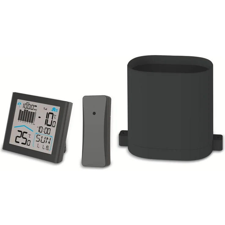 Hama Wetterstation Rainy mit Funkregenmesser, präzise Regenmessung, DCF-Funkuhr, grau