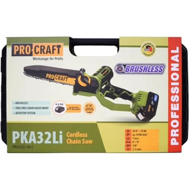 Procraft PKA32Li, Akku Kettensäge 20 V, 203 mm Brushless mit 1x 4,0 Ah Akku, Ladegerät und Koffer – Bild 7