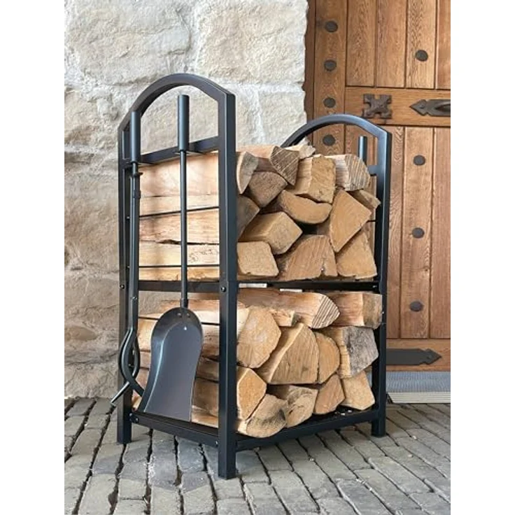 QUICK STAR Metall Kaminholzregal 45x30x74 cm Schwarz | 2 Ebenen, 5-teiliges Set mit Schaufel, Zange, Bürste und Schürhaken, Stahl Kaminholzständer für Innen & Außen – Bild 4