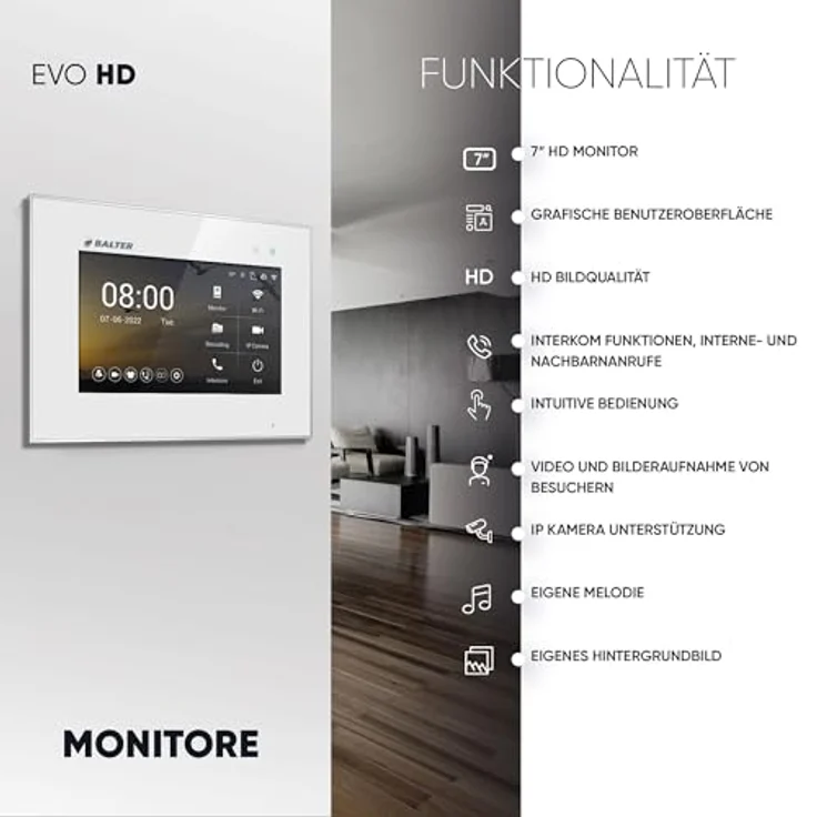 Balter EVO HD Video-Türsprechanlage, 7 Zoll Monitor, Fingerprint & RFID, Full HD Kamera 175° Ultraweitwinkel, Komplettset 6-tlg. – Bild 3
