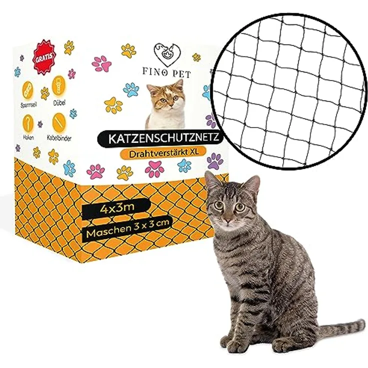 FinoPet Katzennetz für Balkon drahtverstärkt 4x3 Meter inklusive Befestigungsmaterial, Katzenschutznetz Katzengitter Schutznetz Sicherheitsnetz Balkonnetz für Katzen, Katzennetz für Balkon ohne bohren