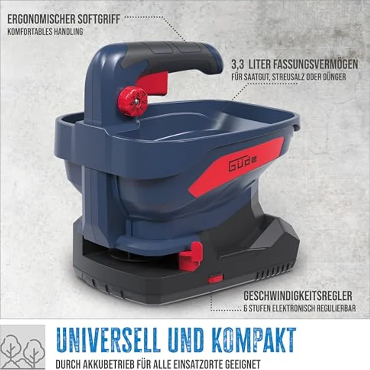Güde Akku Universalstreuer GUS 18-0, 18 V mit 3,3 L Fassungsvermögen, 5 m Streubreite, 6 Geschwindigkeits- und 8 Streumengenstufen, ohne Akkupack und Ladegerät – Bild 2