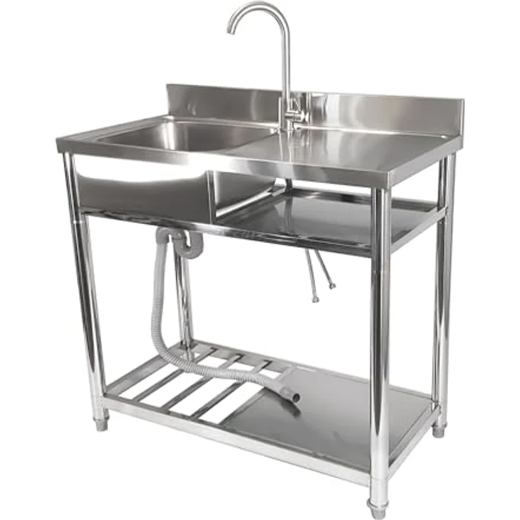 Lemodo Spültisch mit Ablagefläche, freistehend, Wasserhahn mit Kalt Warm Anschluss, Edelstahl, mobil einsetzbar, 99,8 cm x 51,4 cm x 90 cm - Preisvergleich – Bild 1