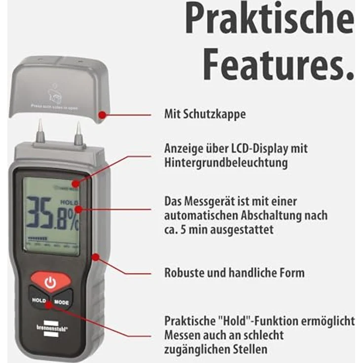 Brennenstuhl Feuchtigkeitsmessgerät FM-01, robuster Holz- und Baustoffmesser mit LCD-Display und Hold-Funktion – Bild 3