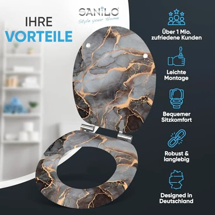 Sanilo WC Sitz Marmor Abstrakt, Toilettendeckel aus Holz mit Absenkautomatik, antibakterieller Oberfläche, passend für alle WC-Becken – Bild 2