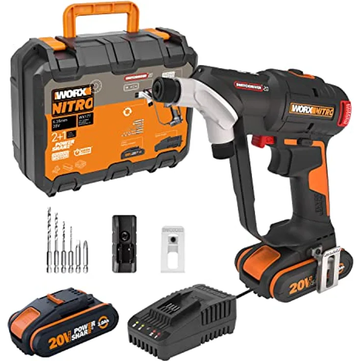 WORX WX177 NITRO Akku-Bohrschrauber Switchdriver 2.0 20V – starke bürstenloser Motor bis 50Nm Drehmoment – schneller Wechsel zwischen 2 Bits – präzise Drehmomentsteuerung – inkl. Akkus & Ladegerät