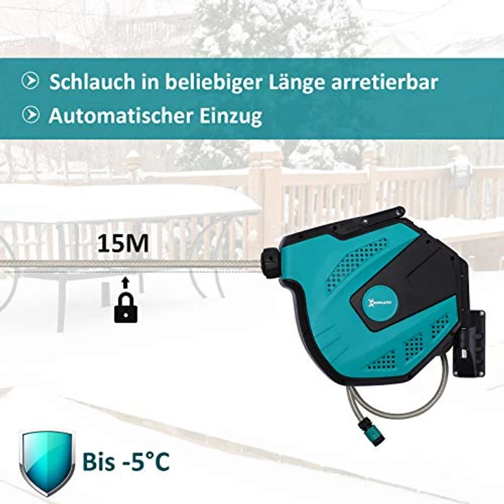 Durhand Schlauchtrommel 15 m, 180° schwenkbar, mit Multibrause, Frostschutz, Grün + Schwarz – Bild 5