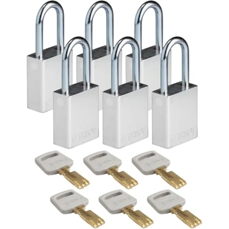 Brady SafeKey Vorhängeschloss Aluminium 6er-Pack - Lockout Schloss mit Schlüssel - Bügelhöhe 38.10 mm - Verschiedenschließend - Silber