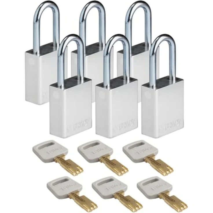 Brady SafeKey Vorhängeschloss Aluminium 6er-Pack - Lockout Schloss mit Schlüssel - Bügelhöhe 38.10 mm - Verschiedenschließend - Silber – Bild 1
