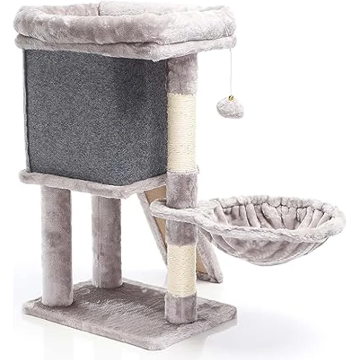 Fudajo Kratzbaum in Grau 71,5 cm hoch, mit Aussichtsplattform, Liegemulde, Kratzbrett und Haus, Kletterbaum für Katzen – Bild 3