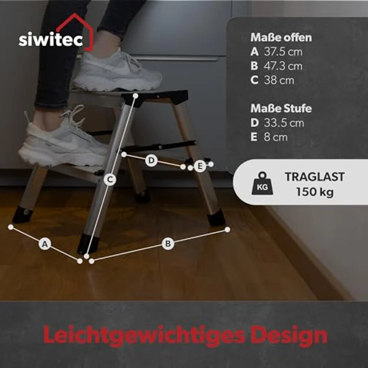 siwitec Alumium-Klapptritt 2 Stufen | Kleine Trittleiter | rutschfeste Standfüße | 150 kg Traglast | Geriffelte Stufen | Platzsparend | Klappleiter – Bild 2