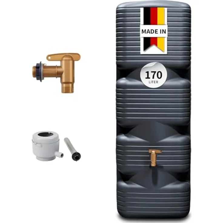 4rain Quadro Regentonne Wandtank Komplett-Set 170 Liter Graphite Grey, inkl. Kunststoff-Auslaufhahn und Fallrohranschluss, für schmale Standorte, schlichtes Design für Balkon und Garten