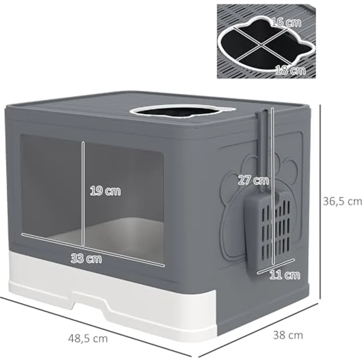PawHut Katzentoilette mit Deckel Katzenklo mit Schaufel, Toilette für Katzen bis 4 kg, für Indoor, Kunststoff Grau 48,5 x 38 x 36,5cm – Bild 5