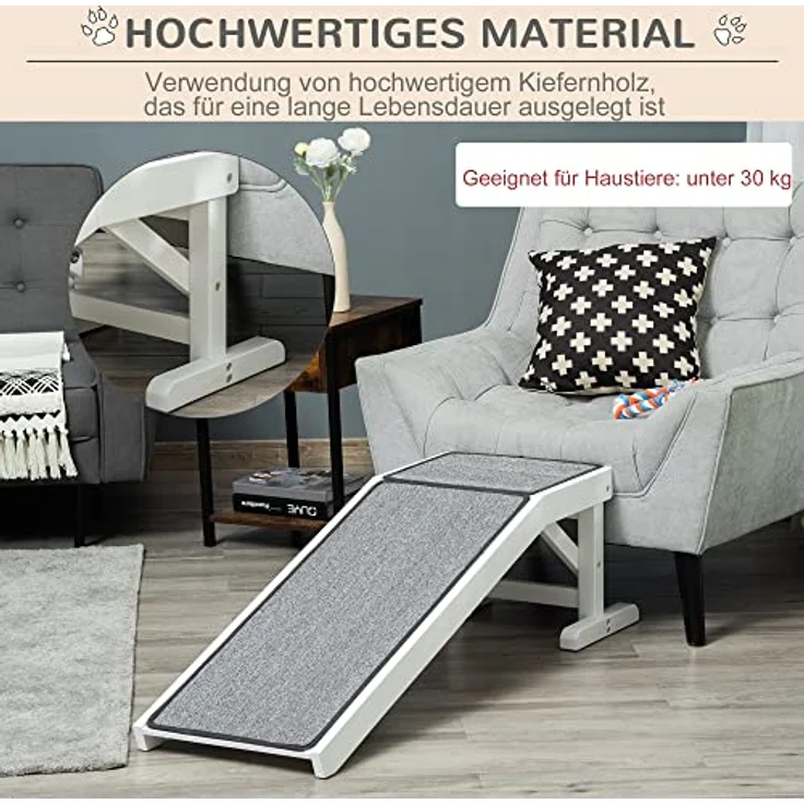 PawHut Haustierrampe mit rutschfestem Teppich Haustierleiter Hunderampe für Hund bis 30 kg Kiefernholz Polyester Weiß+Grau 125 x 40 x 35,5 cm – Bild 3