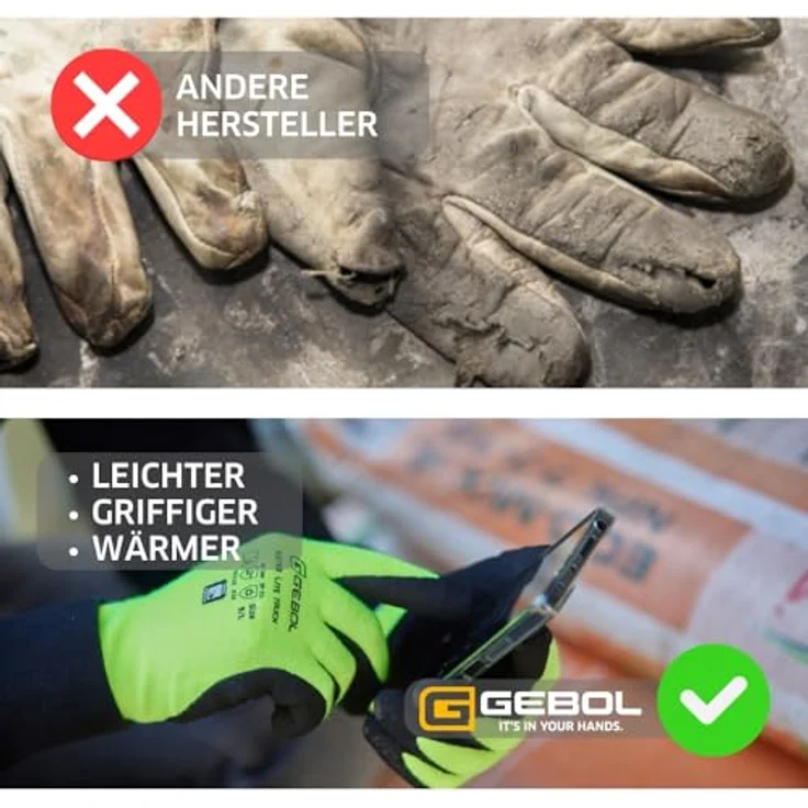 Gebol Arbeitshandschuhe Winter Lite Touch, nahtloser Montagehandschuh, flüssigkeitsabweisend, optimal bis 0 Grad, Größe 9/L, neongrün/schwarz – Bild 2