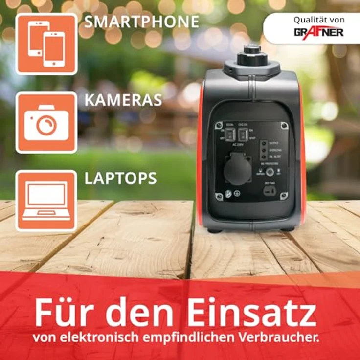 Grafner Stromerzeuger Inverter Generator 1100 W (1 KW Dauerleistung), Benzinbetrieb 4 Takt, 230V, Invertertechnologie, leicht robust, digitaler Benzin Notstrom Aggregat – Bild 4