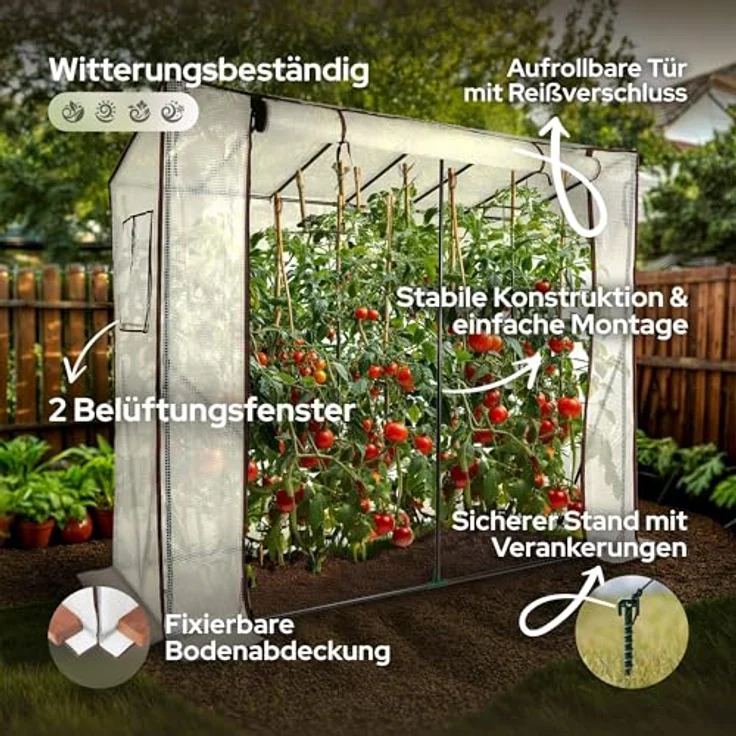 Arebos Tomatengewächshaus Foliengewächshaus mit 2 Belüftungsfenster | 200x77x170 cm Frühbeet, Gemüse, Blumen, Obst | Gewächshausfolie – Bild 2
