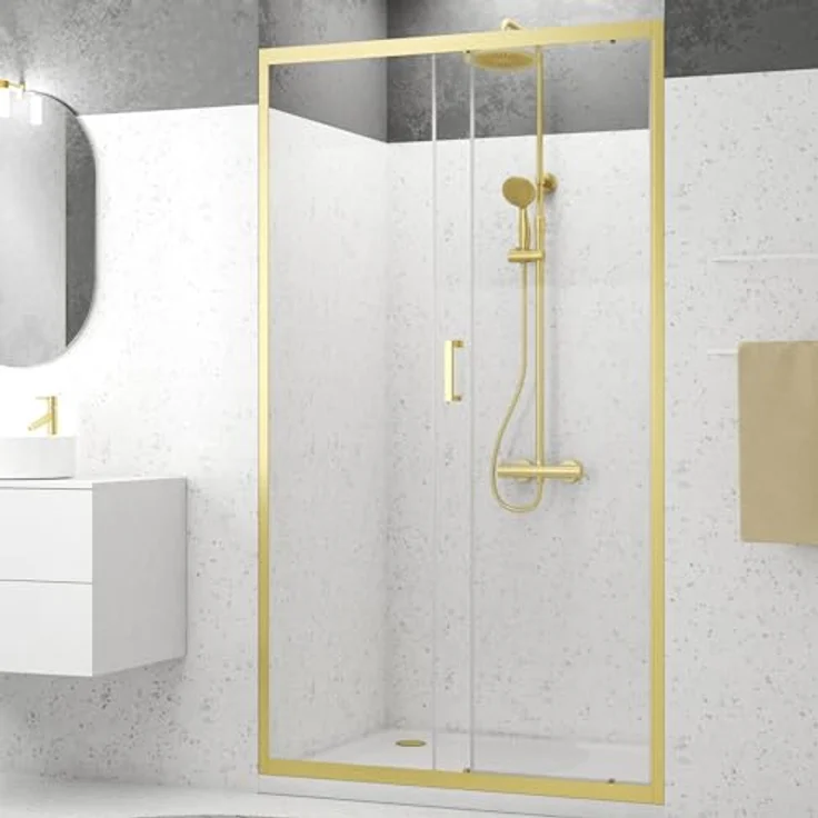 Marwell Walk-in-Dusche Golden Stage, Einscheibensicherheitsglas, Schiebetür mit Öffnungsbreite 49 cm, goldene Aluminiumprofile – Bild 2