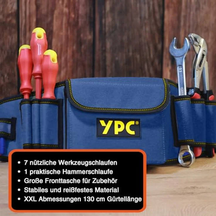 YPC ProBelt – Profi-Werkzeuggürtel mit großer Nageltasche (17x15x5 cm), 7 Steckfächern, verstellbar und in Khaki, Grau oder Blau – Bild 5