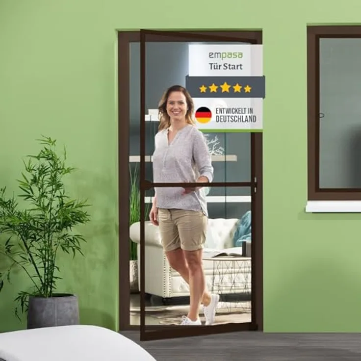 empasa Insektenschutz Fliegengitter Tür mit Alurahmen START, individuell zuschneidbar, braun, Größe 100 x 210 cm, mit praktischem Handgriff und integrierten Türschließer