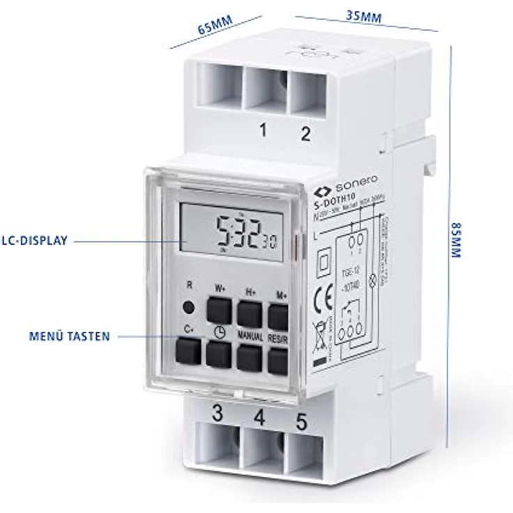 sonero Digitale Zeitschaltuhr für Hutschienen/Schalttafel Einbau, 3600W, LCD-Display, 10 Schaltprogramme (Wochen-, Tages- und Minutenprogramm), 12/24h Timer, IP20, weiß – Bild 8