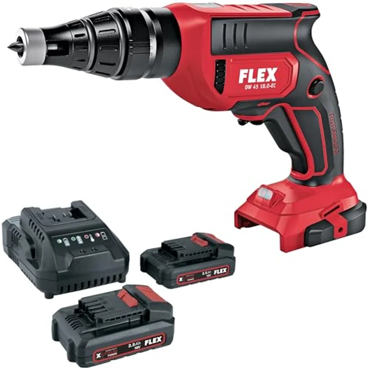 FLEX Akku Trockenbauschrauber DW 45 18.0-EC C, 18 V mit 2 Akkus 2,5 Ah und Ladegerät, schwarz/rot, 4.500 U/min, 28 Nm, ergonomisches Design – Bild 1