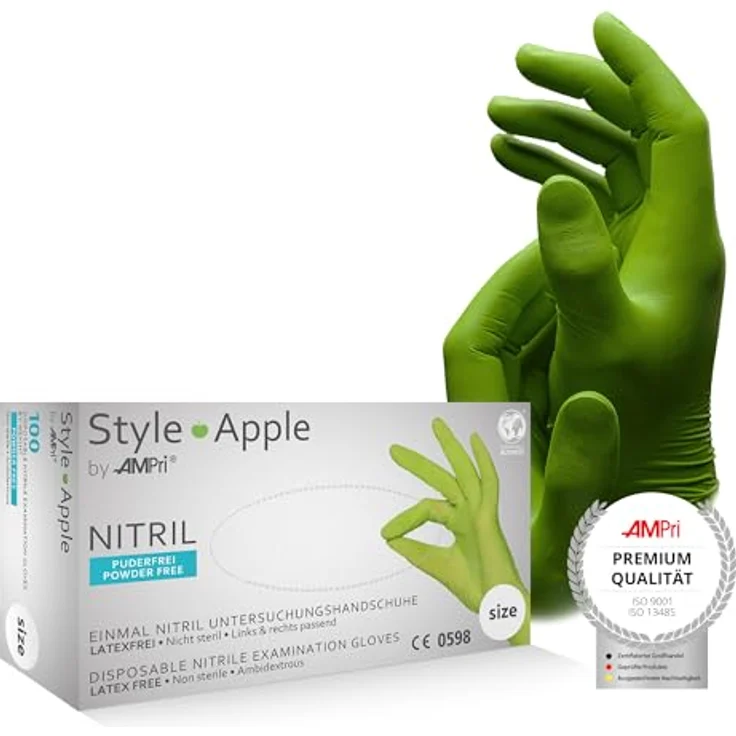 AMPRI Nitrilhandschuhe Apple, apfelgrün, 100 Stück/Box, Größe XL, puderfrei, für medizinischen und gastronomischen Einsatz – Bild 1