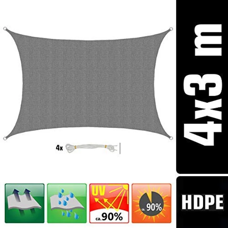 AMANKA UV Sonnensegel 3x4m Rechteckig Wasserdurchlässig - Sonnenschutz Balkon Rechteck Terrassendach Sichtschutz Garten - 4m Sonnendach Pool Pergola Trampolin Wohnwagen Sonnenschutz Terrasse Camping – Bild 5