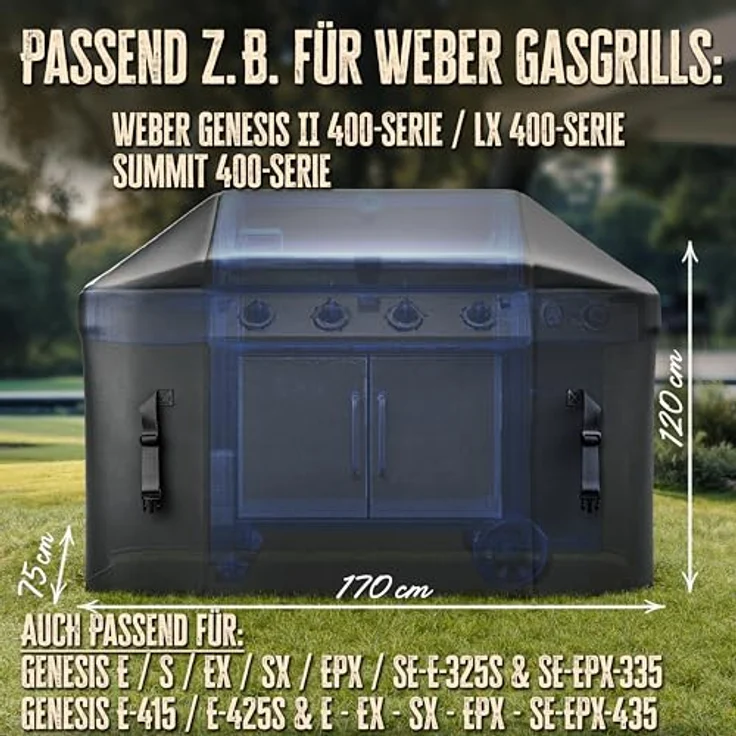 AMZBBQ® Premium Grillabdeckung, wetterfest 170 x 120 x 75 cm, 100% wasserdicht und reißfest für Weber Genesis II 400-Serie/LX 400-Serie/Summit 400-Serie – Bild 2