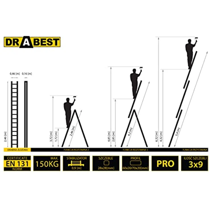 DRABEST Leiter PRO Serie Aluminium Leiter 3-teilig Schiebeleitern 9 Stufen Mehrzweckleiter Arbeitshöhe 6,32 m Belastbarkeit 150 kg inkl. Eimerhaken – Bild 4