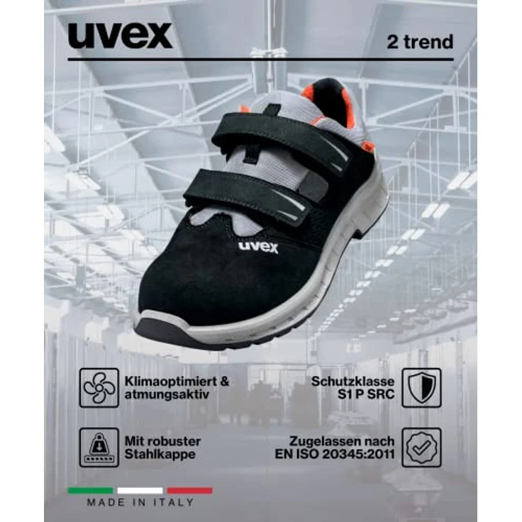Uvex 2 Trend Sandale S1P, leichte Sicherheitssandale mit Kunststoffkappe und Rutschhemmung, Schwarz-grau-orange, Gr. 42 – Bild 8