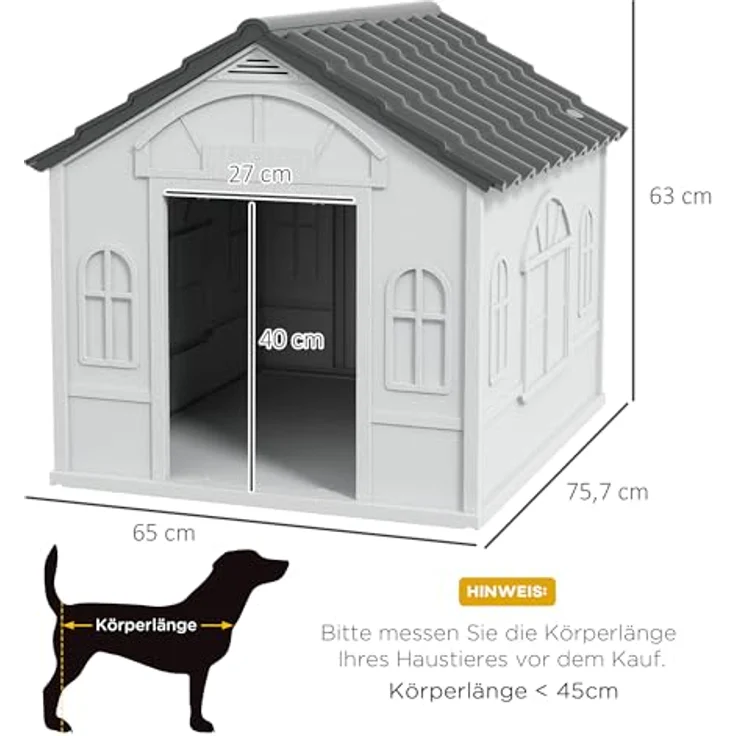 PawHut Hundehütte, Hundehaus mit Satteldach, wetterfest für mittelgroße Hunde unter 20 kg, Outdoor, 65 x 75,7 x 63 cm, Grau – Bild 5
