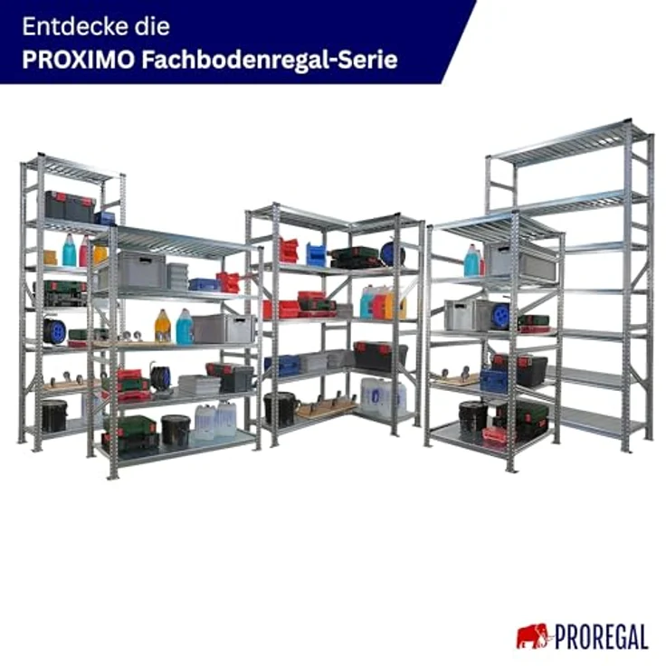 Proregal PROXIMO Metallregal Fachbodenregal, 200 x 360 x 60 cm, 5 Böden, Traglast 200 kg pro Boden, verzinkter Stahl, schraubenloses Stecksystem – Bild 8