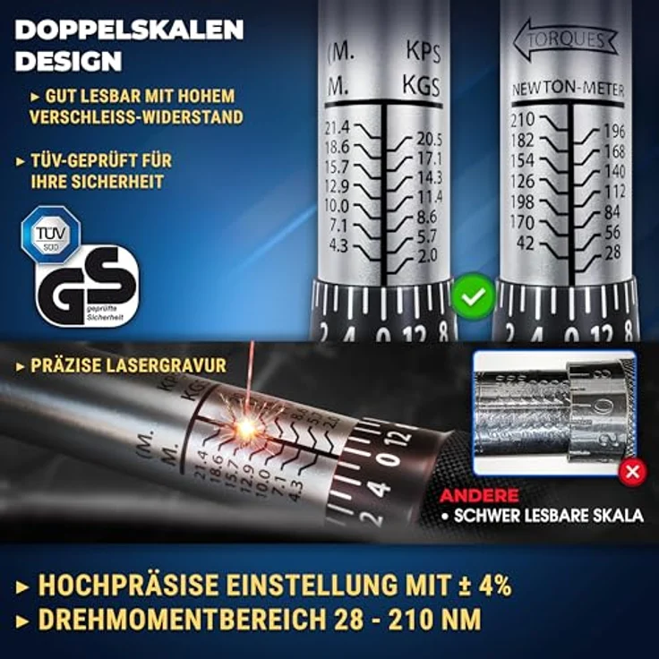 S&R Drehmomentschlüssel 475mm, 1/2", 28-210 Nm, aus Chrom-Vanadium, Umschaltbare Ratsche mit bruchfesten Nüssen, TÜV geprüft, Set mit Verlängerung und Stecknüssen (17, 19, 21 mm) – Bild 3