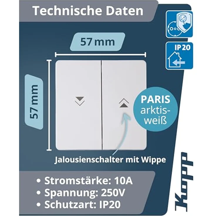 Kopp PARIS Jalousieschalter Arktis-Weiß, hochwertiger Unterputz-Rolladenschalter mit Wippe, IP20, 10AX Schaltvermögen, stilvolle Rolladensteuerung 250V~ – Bild 2