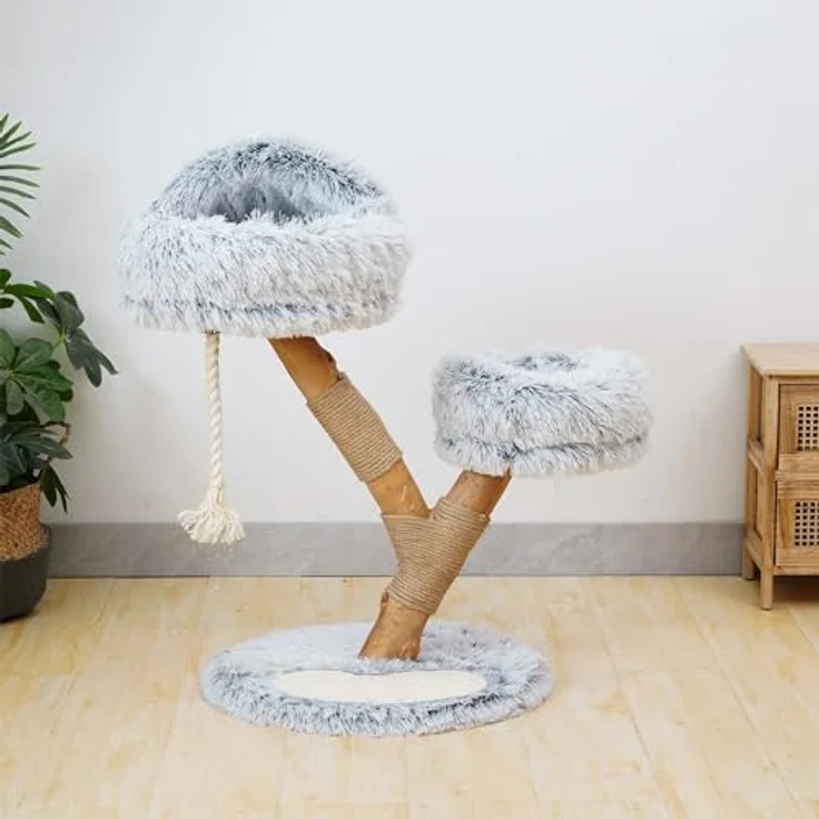 Fudajo Kratzbaum Zweigdesign mit Katzenhöhle 80 cm, Designer Katzenkratzbaum mit Plüsch und Birnbaumholz, Katzenbaum aus Holz mit Kratzmatte, Naturfarben – Bild 4