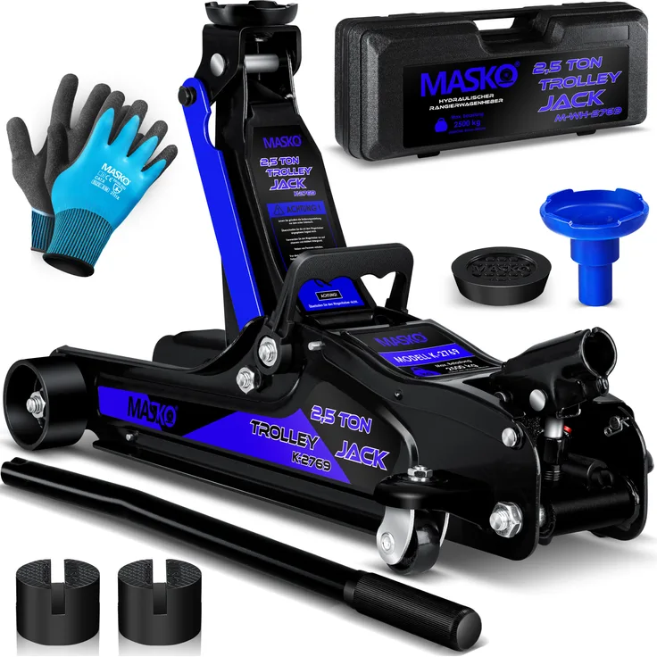 Masko Wagenheber hydraulisch Flache Hubhöhe + 2x Gummiauflage + Handschuhe KFZ Rangierwagenheber hydraulischer 360° Rollen Heber Unterstellbock, 2,5 Tonnen, Schwarz